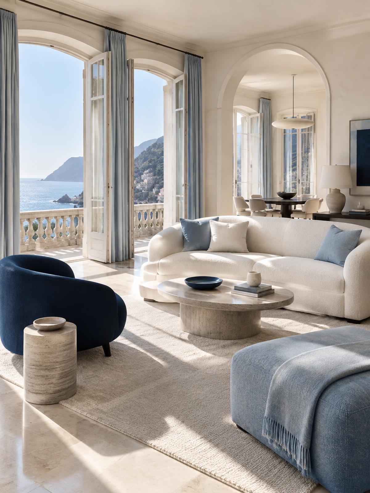 Soggiorno contemporaneo con arredi chiari e vista mare